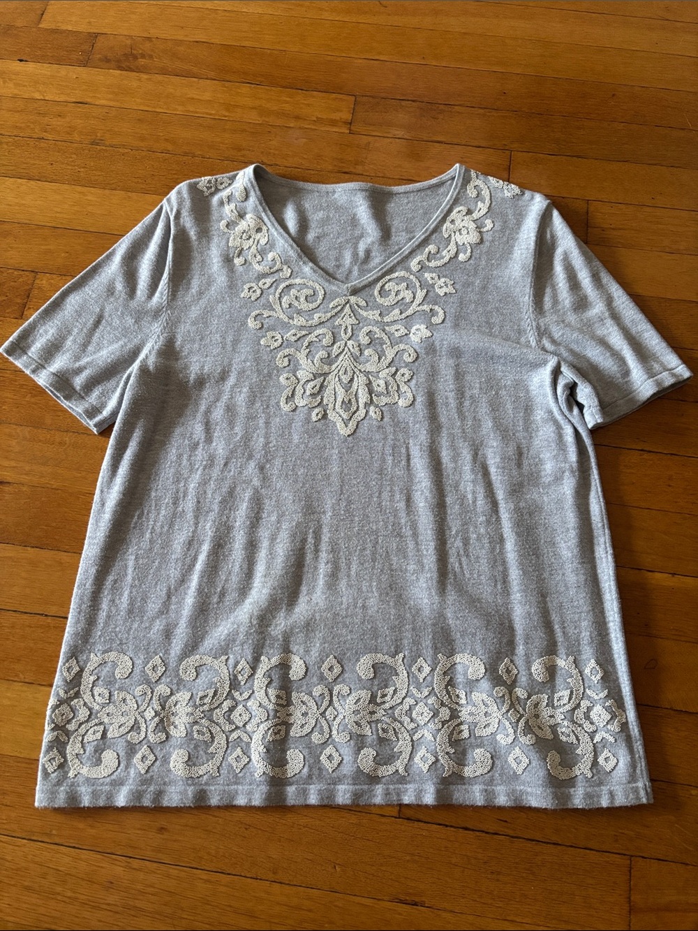 Women’s Light Gray V-Neck Embroidered Top
